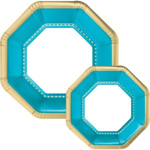 Octoganal Premium Paper Dinner (10.25in) & Dessert (7.5in) Plates with Color Border. 20ct. Assorted Colors