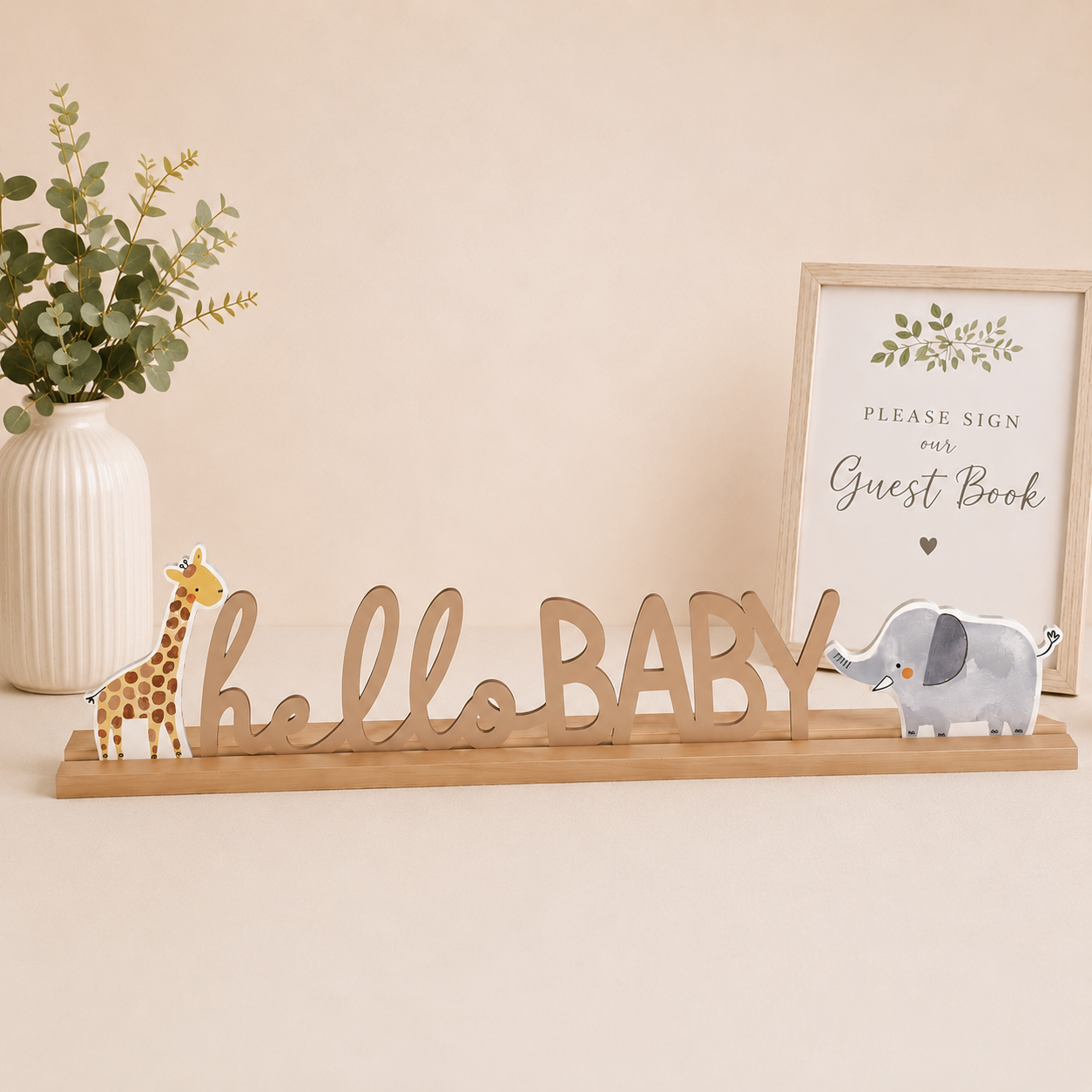 Hello Baby Soft Jungle Baby Shower MDF Standing Sign. 21in x 5in
