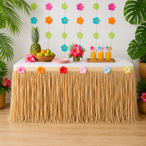Tan Faux Grass Tissue Paper Fringe Table Skirt. 10ft x 29in