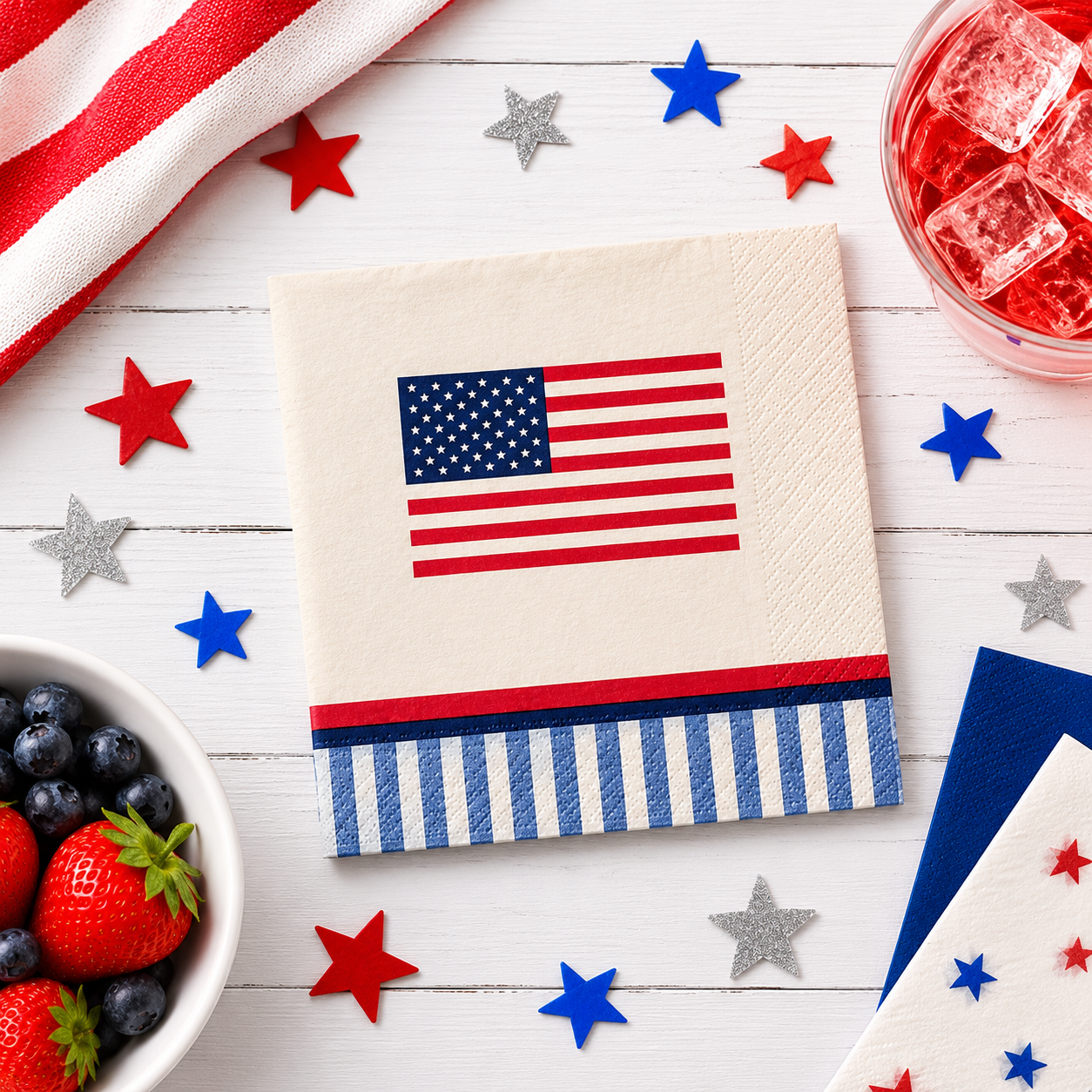 Americana Stripe Beverage Napkins. 16ct